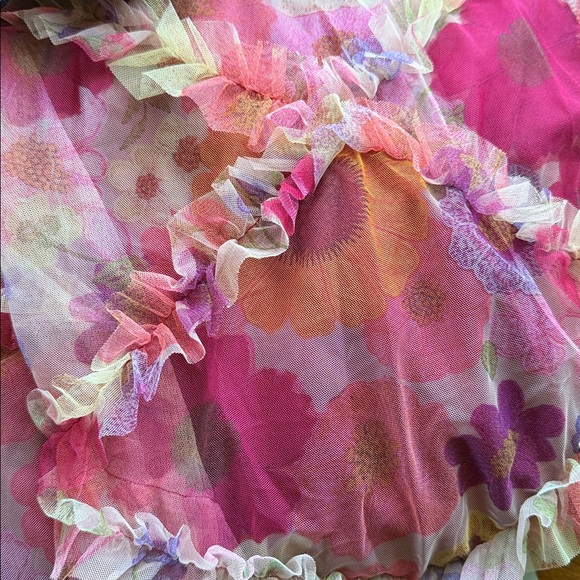 Floral Embroidered Ruffle Tulle Dress in Burgundy & Multicolor - Picture 5 of 5